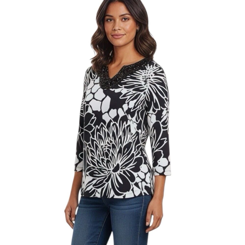 Alfred Dunner Blouse Sz Petite Small 3/4 Sleeve Floral Y2k 2000's Retro Elegant